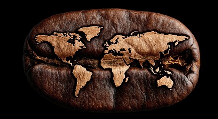 Detailed macro view of a coffee bean with a world map etched on its surface