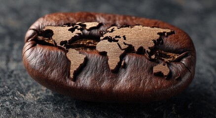 Coffee bean with carved world map, symbolizing global coffee origins and trade
