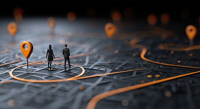 Two figures stand on a stylized map with orange location markers