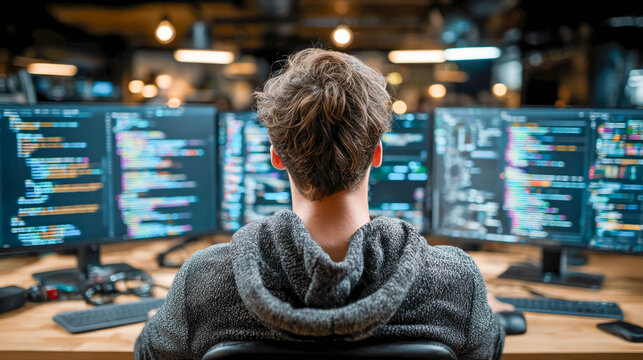 A man at a desk surrounded by multiple monitors with code. For IT topics, programming, startups, remote work, cyberspace, digital technologies, and learning.