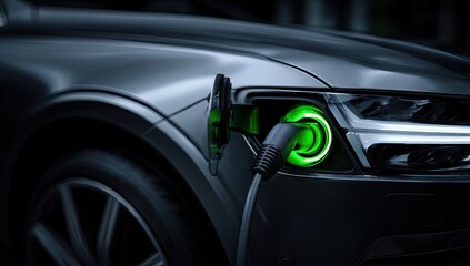 Electric car charging port glows green with plugged-in cable