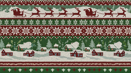 Festive Christmas knitted pattern with reindeer and winter houses  