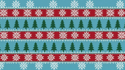 Christmas pattern with trees and snowflakes in red and blue  
