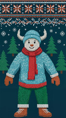 Playful snowman character wearing a winter sweater in a forest setting  