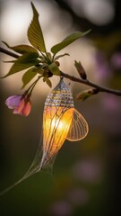 Illuminated Cocoon on Branch Glowing Leaves Blossoms. Concept featuring cocoon, glowing, branch, leaves, blossoms.