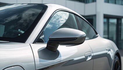 Obraz premium Sleek silver sports car side view, focusing on a modern side mirror