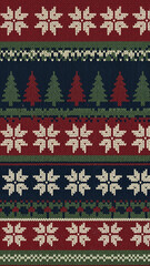 Winter knit pattern with trees and snowflakes in holiday colors  