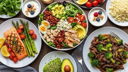 Delicious healthy food arrangement with salmon asparagus tomatoes avocado salad eggs quinoa and nuts on wooden table