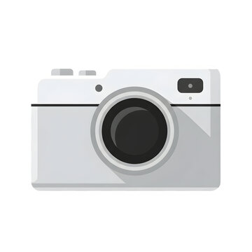A simple white digital camera icon on black background illustration