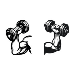 Set of black and white isolated weights and heavy iron dumbbells for bodybuilding and fitness gym equipment strength training