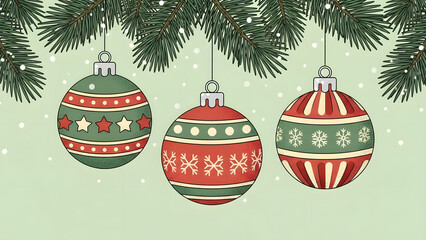 Hanging Christmas Ornaments with Pine Branch Illustration