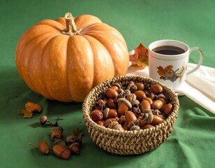 Autumn still life pumpkin, acorns in a basket, coffee, and fall leaves on green