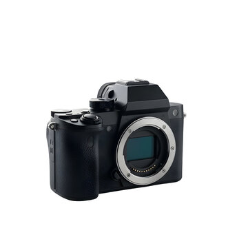 A black digital camera on a solid black background with white accents