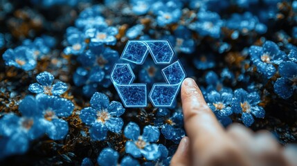 A finger touches a glowing recycle symbol amidst vibrant blue flowers, promoting ecological awareness