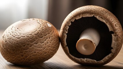 Close-up of two fresh portobello mushrooms with textured brown caps on a rustic wooden table