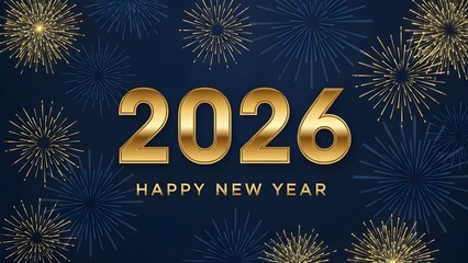 Golden 2026 happy new year text with sparkling fireworks on dark blue background celebration concept