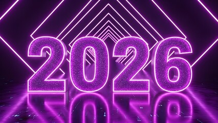 Glittering purple neon number 2026 in futuristic tunnel with reflections