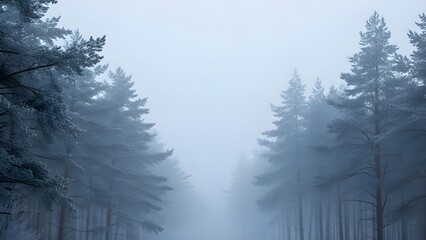 A serene, atmospheric landscape photograph of a dense pine forest on a misty, cold winter day. The trees are covered in frost and snow, creating a quiet, ethereal scene with a path disappearing into t