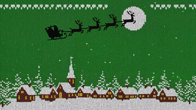 Santa Claus with reindeer flying over snowy village at night  