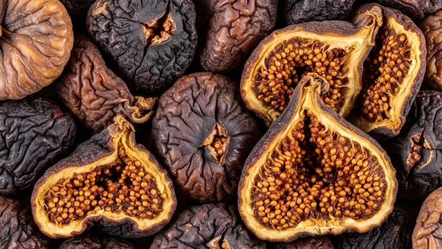 Sliced and whole dried figs showing inner seeds, exotic Mediterranean sweet fruit