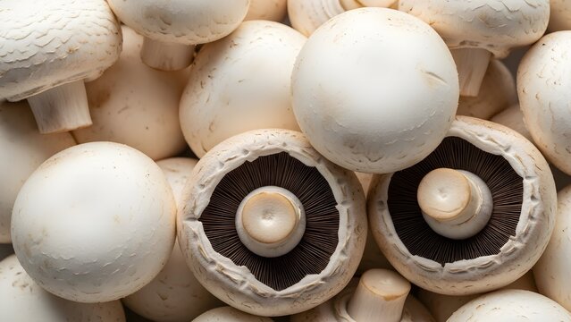 Close-up view of fresh white button mushrooms, organic Agaricus bisporus fungi heap for healthy cooking and culinary background
