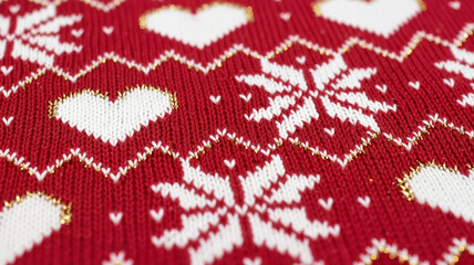 Red knitted fabric with heart and snowflake patterns  