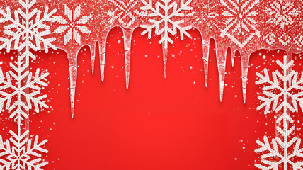 Red background with white snowflakes and icicles for winter theme  