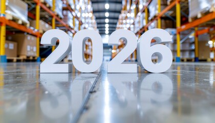 Large numbers '2026' in white 3D font on a polished concrete floor in a warehouse with high shelves