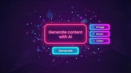 Colorful digital interface showcasing options to generate content with AI, featuring buttons for image, music, and video creation, set against a vibrant abstract background