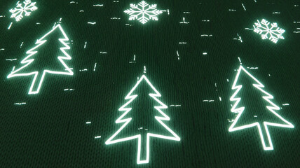 Neon Christmas trees and snowflakes glowing on dark background  
