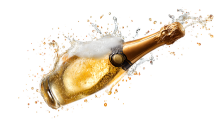 A cold bottle of champagne with a gold cork is isolated on white, featuring a liquid splash of alcohol as you pour a celebratory drink for a New Year party