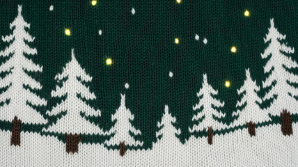 Winter landscape with white trees on dark green knitted background  
