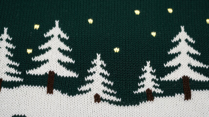 Christmas sweater design with snowy trees and stars on green background  