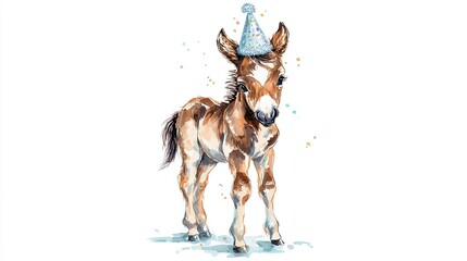 Obraz premium A cheerful, illustrated donkey wearing a party hat, surrounded by colorful confetti, exuding a fun and festive atmosphere.