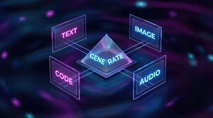 Abstract illustration of a pyramid symbolizing artificial intelligence generating text, image, audio, and code, surrounded by a colorful digital background representing technology and creativity