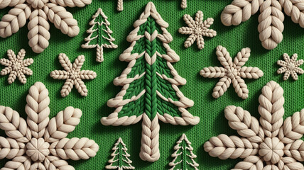 Christmas tree and snowflakes made of decorative rope on green background  