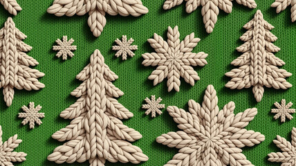 Textured knitted Christmas trees and snowflakes on green background  