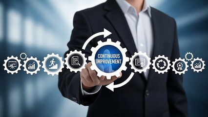 Businessman interacting with continuous improvement suit gears interface