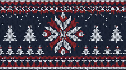 Christmas knitted pattern with trees and snowflakes in red and navy  