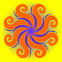 Fototapeta premium Flames spiral outward in playful rhythm, blending warmth and mystery as orange currents dance with violet shadows, radiating joy, energy, and motion.