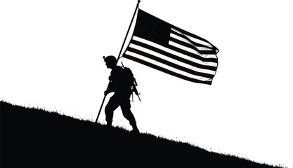 Silhouette of a soldier carrying an american flag up a grassy hill