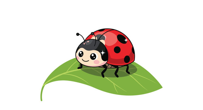 Adorable cartoon ladybug with large expressive eyes resting on a vibrant green leaf isolated on a white background.