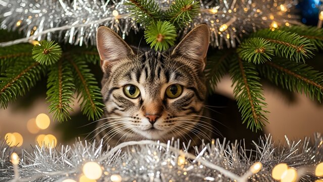 Domestic tabby cat peeking through silver Christmas tinsel and tree branches. Festive pet photography and holiday atmosphere. Curious kitten looking at camera under decorated pine tree