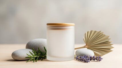 Minimalist frosted glass jar with wooden lid, lavender, and stones. Perfect for skincare branding, spa advertising, aromatherapy blogs, and natural cosmetic product mockups or presentations.