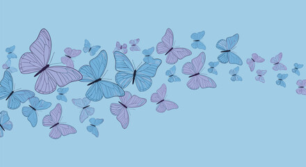 Graceful blue and purple butterflies of various sizes creating a serene pattern across a soft light blue background.