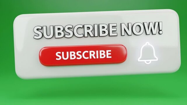 Subscribe now video button with red subscribe button and bell icon on green background