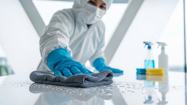 Professional in a hazmat suit disinfecting a sterile surface. Ideal for medical, laboratory, or industrial sanitation websites, health safety blogs, and pandemic prevention marketing.