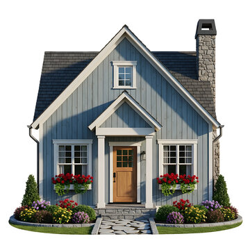 A charming blue house with white trim and vibrant flowers in the garden