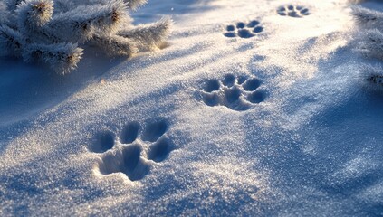 Animal tracks imprinted in sparkling frost-covered snow, sunlight