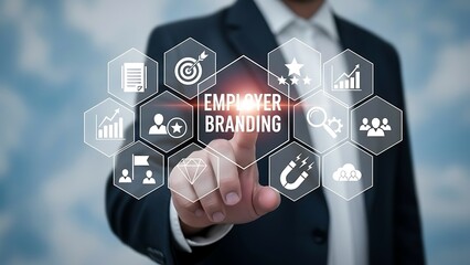 Businessman touching employer branding suit hexagons